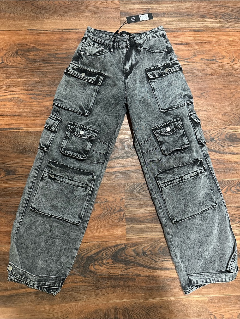 Fashion Nova Black Gray Acid-Wash Cargo Wide-Leg Jeans
